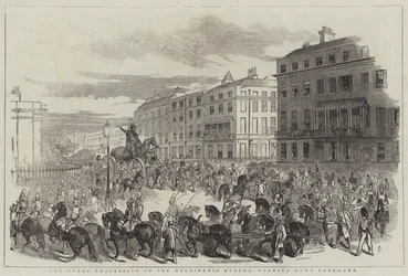 De grote processie van het Wellington-standbeeld, afbuigend naar Park-Lane
